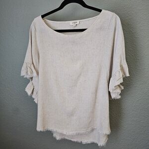 Umgee Linen Blend Raw Fray Hem T Shirt Size M Lagenlook Natural Beige